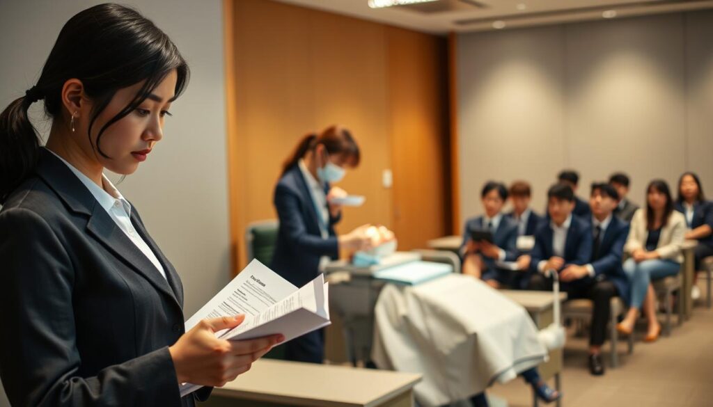 A formal, well-lit scene depicting the step-by-step process of attaining the Japanese national dental hygienist certification. In the foreground, a young Japanese woman in professional attire carefully studies educational materials. In the middle ground, another woman diligently practices clinical skills on a dental patient, while in the background, a group of students attend a lecture on regulatory requirements. The atmosphere is one of focus, determination, and a pursuit of academic excellence, capturing the rigorous training and dedication required to earn this respected credential.