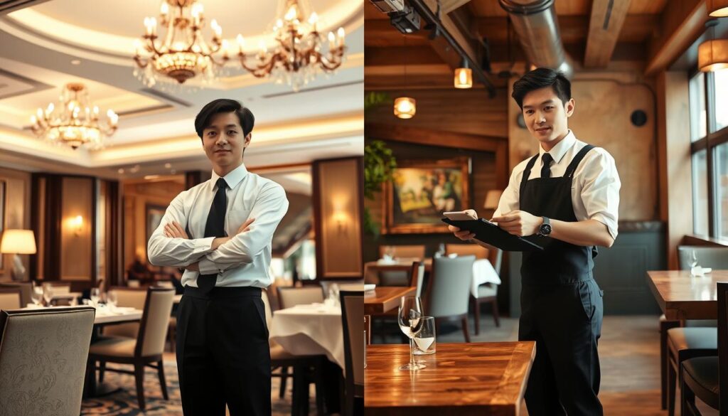 A formally dressed server in a crisp white shirt and black trousers stands attentively in a luxurious hotel dining room, its ornate chandelier and plush furnishings creating an atmosphere of refined elegance. In contrast, a casual-dressed server in a simple uniform efficiently takes orders in a cozy neighborhood restaurant, its rustic wooden tables and warm lighting exuding a homely, relaxed ambiance. The juxtaposition highlights the distinct service experiences and expectations between high-end and casual dining establishments, captured through the discerning gazes and precise motions of the young, Japanese-looking servers.