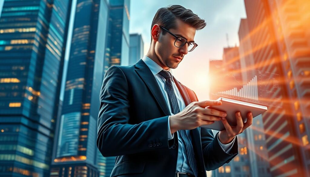 A forward-thinking securities analyst, dressed in a sharp suit, stands amidst a dynamic cityscape. The urban backdrop features towering skyscrapers, pulsing with the energy of technological advancement. The analyst's gaze is fixed on a sleek, holographic display, analyzing complex financial data with a focused, determined expression. Rays of warm, directional lighting cast an aura of innovation and progress, hinting at the profound impact of AI and data analysis on the future of the securities industry. The scene conveys a sense of optimism and the transformative power of technology in shaping the next generation of financial professionals.