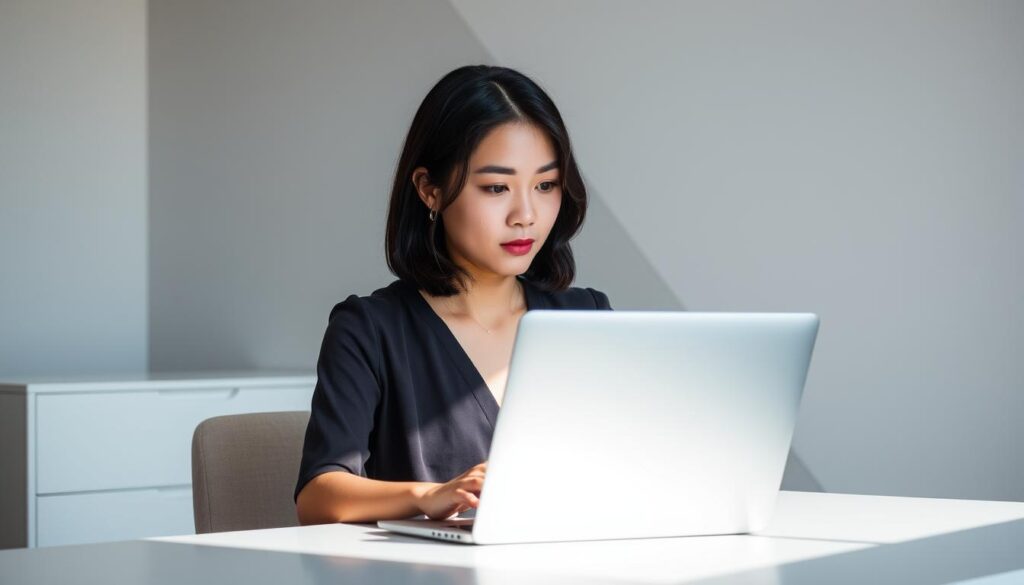 A freelance color coordinator in a modern, minimalist office setting. The model, a young Japanese-looking person with dark hair, sits at a desk, focused on a laptop screen. Soft, natural lighting illuminates the scene, casting subtle shadows. The background features clean, geometric shapes and a muted color palette, allowing the subject to stand out. The overall atmosphere conveys a sense of calm professionalism and creative focus, reflecting the independence and flexibility of a freelance color coordinator's work.