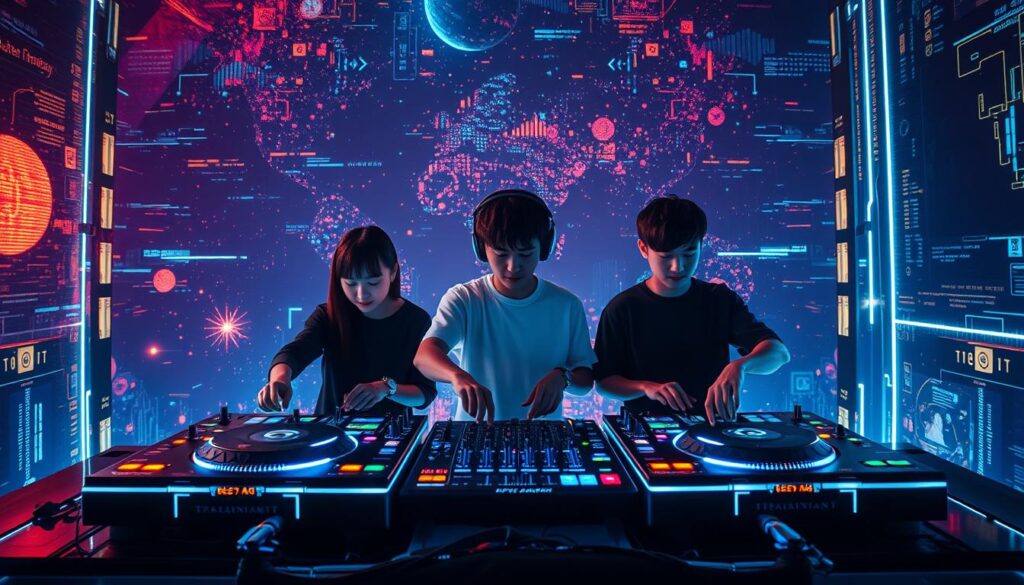 A futuristic DJ booth set against a dynamic digital landscape. Holographic turntables and sleek, touch-sensitive control panels levitate in a dimly lit, neon-tinged environment. Three young, Japanese-looking DJs, their faces illuminated by the glow of the display, seamlessly mix and manipulate audio, their movements fluid and precise. The background is a mesmerizing fusion of abstract, glitch-like patterns and vivid data visualizations, hinting at the boundless possibilities of technology in the world of music and entertainment. Cinematic lighting casts dramatic shadows, creating an atmosphere of innovation and anticipation.