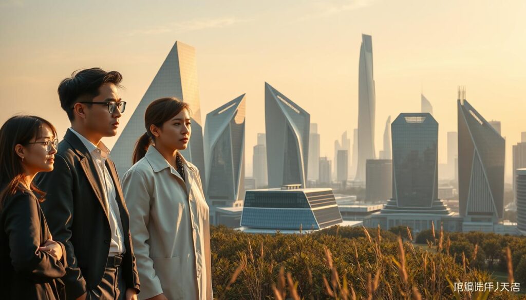 A futuristic architectural landscape emerges, showcasing the cutting-edge innovations shaping the industry. In the foreground, a group of young, dynamic architects collaborate, their sleek, modern attire and Japanese-inspired features reflecting the diverse talent driving this revolution. The middle ground features bold, angular buildings with seamless glass facades, harnessing renewable energy and integrating smart technologies. In the background, a skyline of towering, sustainable structures stands as a testament to the industry's ambitious vision, blending form and function to create a harmonious, eco-conscious built environment. Soft, diffused lighting casts a warm, inviting glow, conveying a sense of progress and optimism for the future of architecture.
