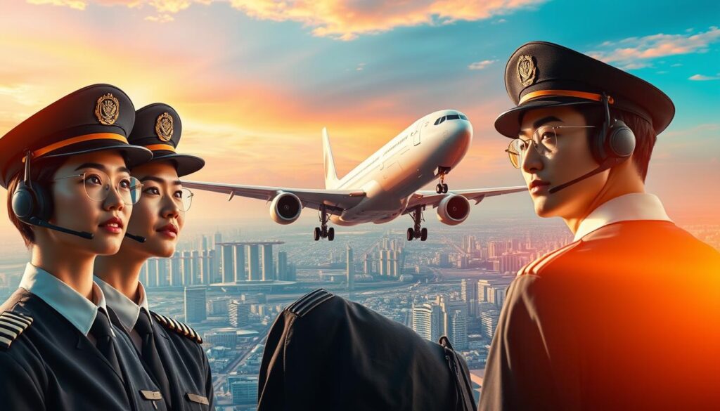 A futuristic aviation scene showcasing the rising demand for pilots in Japan's thriving airline industry. In the foreground, a group of young, determined-looking Japanese pilots in full uniform, their faces conveying a sense of professionalism and purpose. In the middle ground, a sleek, modern commercial airliner takes off against a vibrant sky, its powerful engines roaring. In the background, a sprawling urban landscape with towering skyscrapers and bustling airports, symbolizing the growth and expansion of the aviation sector. The scene is illuminated by warm, golden lighting, creating an atmosphere of optimism and progress. Overall, the image conveys the promising future and high demand for skilled pilots in Japan's evolving aviation landscape.
