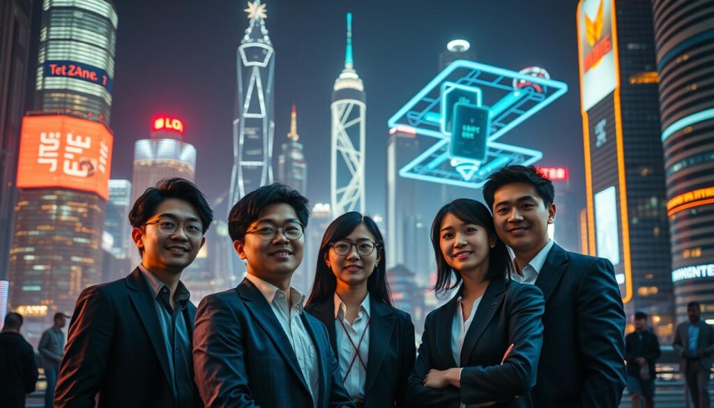 A futuristic cityscape at night, with towering skyscrapers and a vibrant, neon-lit atmosphere. In the foreground, a group of young, Japanese-looking professionals in business attire stand confidently, their faces illuminated by the city lights. They appear to be discussing future trends and market dynamics, their expressions conveying a sense of anticipation and optimism. The background is a dynamic blend of gleaming high-rises, hovering holograms, and cutting-edge technology, suggesting the boundless potential of the conceptor profession. The scene is captured with a cinematic wide-angle lens, creating a sense of depth and scale, and lit by a warm, saturated color palette that evokes the energy and innovation of the conceptor's world.