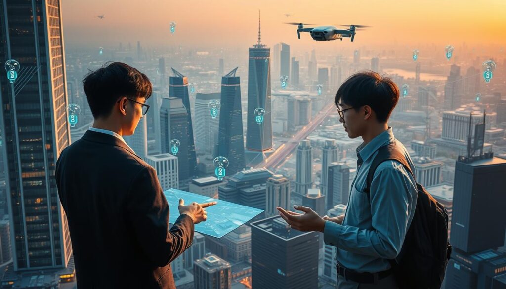 A futuristic cityscape bathed in a warm, digital glow. In the foreground, young Japanese professionals interact with holographic displays, seamlessly integrating digital urban planning tools. The middle ground features skyscrapers and structures with clean, minimalist designs, their facades adorned with sensor arrays and smart windows. In the background, a panoramic view of the city skyline, with autonomous vehicles and drones weaving through the air, creating a sense of dynamic technological progress. The lighting is soft and diffused, casting an ethereal atmosphere that hints at the endless possibilities of urban digital transformation.