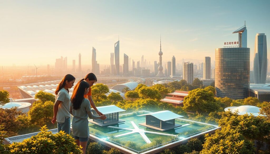 A futuristic cityscape with a harmonious blend of nature and digital technology. In the foreground, a group of young, vibrant Japanese designers collaborate on sleek, eco-friendly architectural models, immersed in a holographic interface. The middle ground features lush, verdant gardens and greenery that seamlessly integrate with modern, sustainable structures. In the background, a panoramic view of the city skyline showcases towering skyscrapers and intelligent infrastructure, all powered by renewable energy sources. Warm, diffused lighting casts a serene, futuristic glow, evoking a sense of progress and environmental harmony. This image encapsulates the dynamic synergy between digital innovation and sustainable design, shaping the future of urban living.