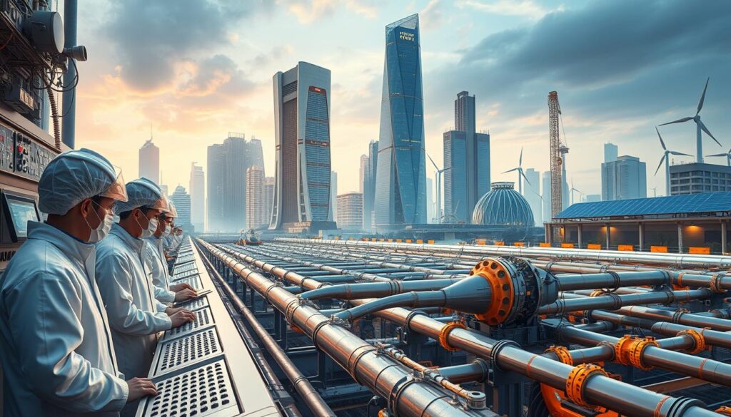 A futuristic cityscape with an advanced water and sewage infrastructure system. In the foreground, young Japanese engineers in clean-room suits inspect high-tech monitoring and control panels, their faces reflecting the innovative technology. In the middle ground, automated pipe-laying robots construct a network of sleek, energy-efficient pipes. The background features towering skyscrapers with integrated water recycling systems, solar panels, and wind turbines, illuminated by a warm, diffused lighting that conveys a sense of progress and environmental sustainability. The overall mood is one of technological prowess, environmental consciousness, and a vision for the water industry's bright future.