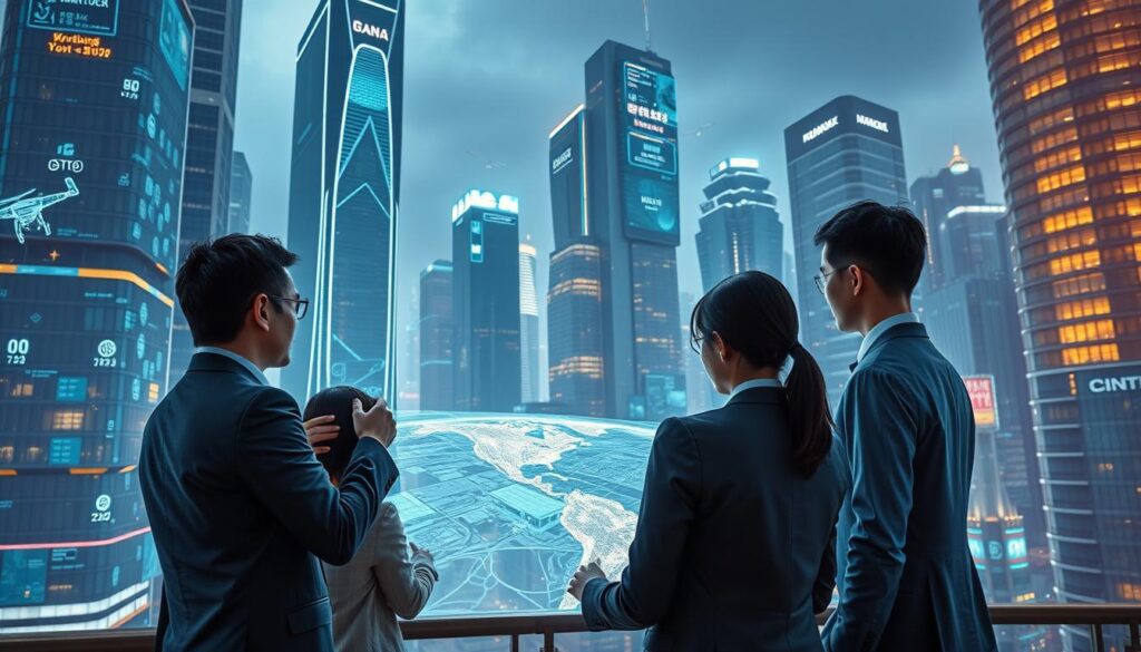 A futuristic cityscape with sleek, high-rise buildings adorned with holographic displays and interactive interfaces. In the foreground, a group of young, technologically-savvy Japanese professionals in business attire collaborate on a dynamic, 3D projected map, analyzing spatial data and planning the next generation of urban infrastructure. The background showcases emerging technologies like autonomous vehicles, drones, and advanced sensor networks, all seamlessly integrated into the fabric of the city. The lighting is a mix of cool, blue-tinted hues and warm, ambient lighting, creating a sense of technological sophistication and progress. The overall atmosphere conveys a vision of the spatial information industry's bright, innovative future.