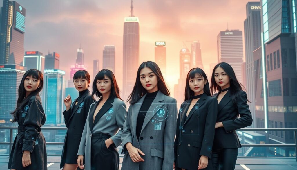 A futuristic cityscape with towering skyscrapers and advanced digital displays, casting a dynamic, neon-tinged glow. In the foreground, a group of stylishly dressed young Japanese models, each with sleek black hair, strike confident poses, showcasing the latest digital fashion and styling trends. The models are surrounded by holographic projections, augmented reality overlays, and futuristic technology, representing the digital transformation and innovation shaping the stylist's profession. The scene conveys a sense of excitement, progress, and the seamless integration of technology and style, hinting at the dynamic future of the styling industry.
