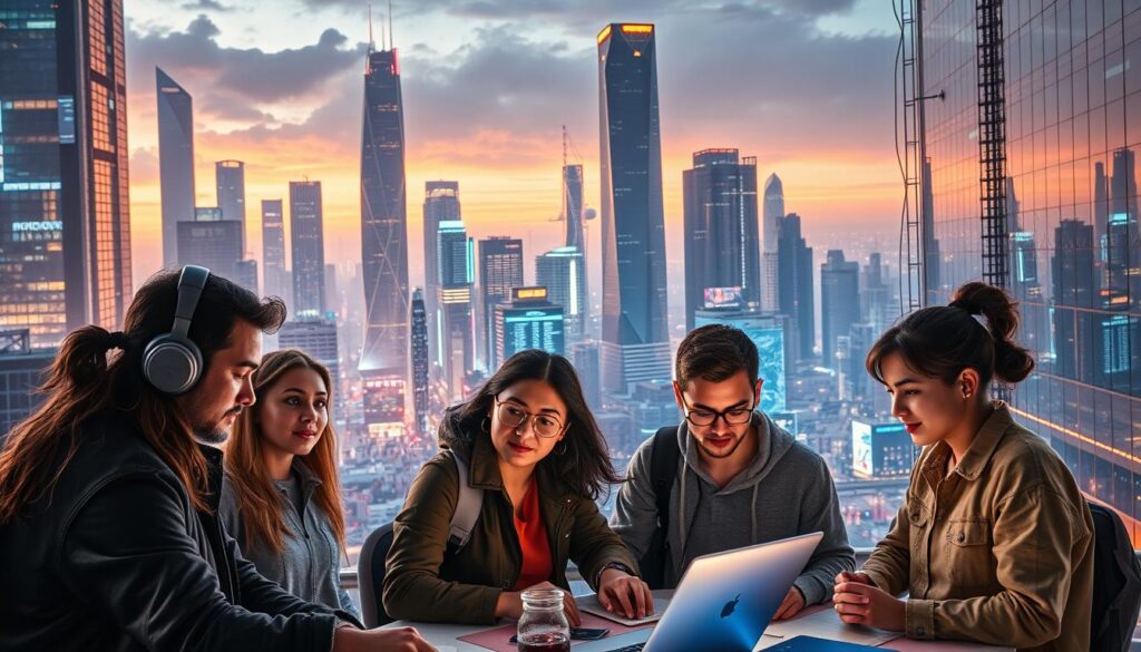 A futuristic cityscape with towering skyscrapers, neon-lit streets, and a bustling tech hub. In the foreground, a diverse group of young, dynamic system engineers collaborating on a cutting-edge project, their faces alight with determination. The middle ground showcases the latest AI-driven technologies and software tools, while the background is a kaleidoscope of emerging industry trends - cloud computing, IoT, cybersecurity, and data analytics. Soft, directional lighting illuminates the scene, creating a sense of optimism and progress. The overall atmosphere conveys the boundless potential and constantly evolving nature of the IT industry, hinting at the promising future that awaits ambitious system engineers.