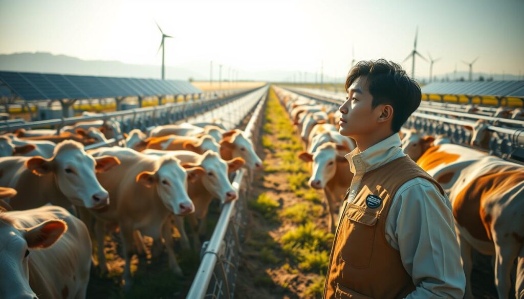 A futuristic dairy farm, bathed in warm, golden light. In the foreground, a young Japanese farmer tending to a herd of healthy, contented cows, their coats gleaming. In the middle ground, state-of-the-art robotic milking stations efficiently collecting the fresh, creamy milk. In the background, a sprawling array of solar panels and wind turbines, powering the farm's advanced technologies. The atmosphere is one of innovation and sustainability, as the farmer gazes thoughtfully towards the horizon, envisioning the bright future of Japan's dairy industry.