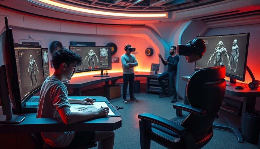 A futuristic digital art studio with three character designers working on their latest project. The scene is bathed in a warm, ambient light, casting a cozy atmosphere. In the foreground, a young designer sits at a sleek, high-tech workstation, their fingers flying across a digital drawing tablet as they sculpt a dynamic character model. In the middle ground, another designer leans back in their chair, deep in thought as they scrutinize a 3D model on their large, curved display. A third designer stands in the background, gesturing animatedly as they discuss ideas with their teammates. The room is filled with the latest cutting-edge digital art tools, from advanced 3D modeling software to virtual reality headsets, all working in harmony to bring the designers' visions to life.