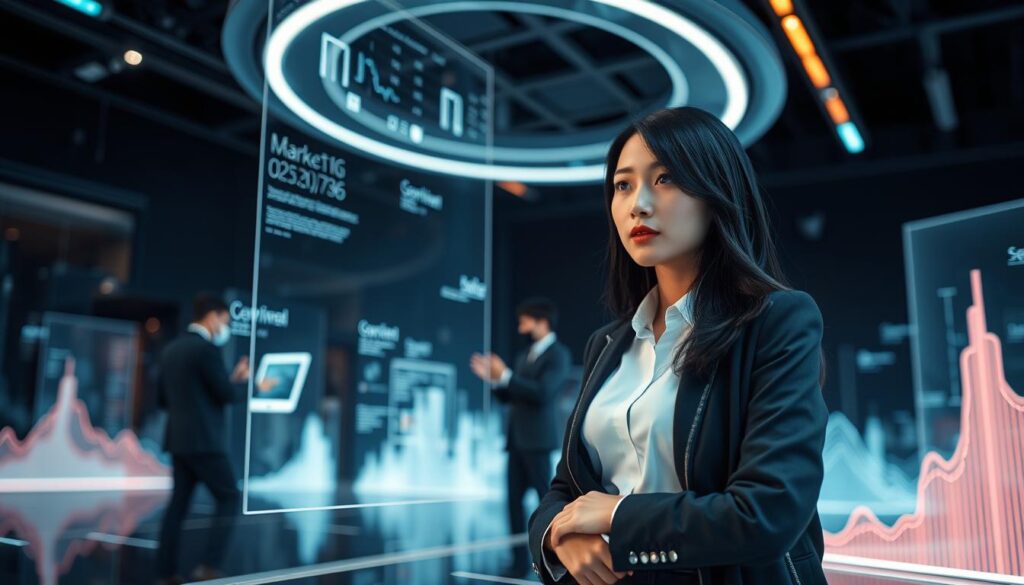 A futuristic digital landscape with sleek, minimalist interfaces and glowing, holographic elements. In the foreground, a young, dark-haired Japanese woman in a business casual outfit stands confidently, her gaze fixed on a translucent, floating screen. Nearby, a team of colleagues collaborate seamlessly, their movements and gestures in sync with the dynamic, ever-evolving data visualizations that surround them. The background is bathed in a cool, techno-futuristic ambiance, with hints of neon accents and a sense of forward momentum. The lighting is crisp and directional, casting dramatic shadows and highlights that accentuate the clean, sophisticated design. The overall scene conveys the transformative power of digital marketing and the vital role of the modern copywriter in this rapidly evolving landscape.