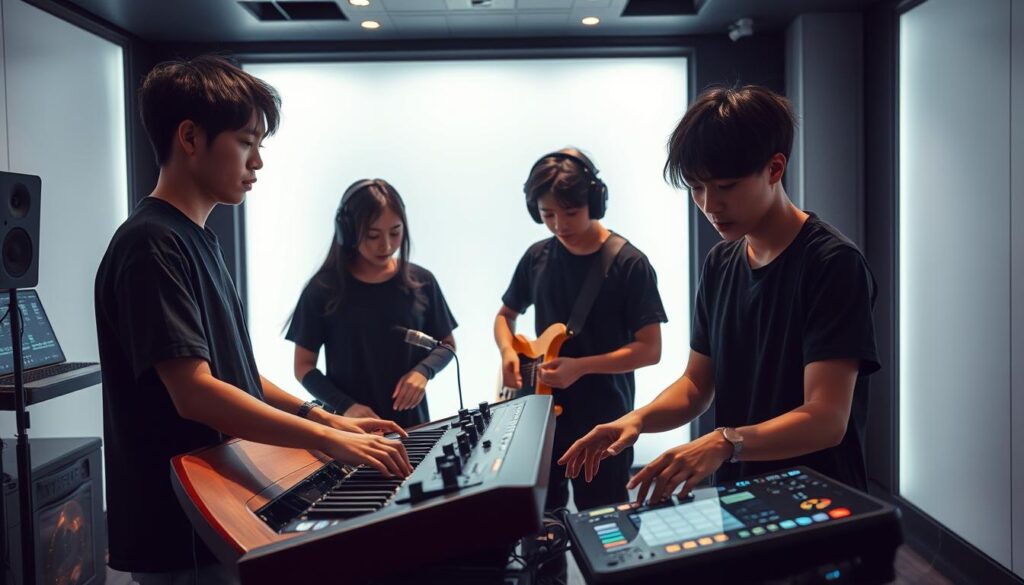 A futuristic digital music studio set against a sleek, minimalist backdrop. Talented young musicians, with striking Japanese features, intuitively manipulate cutting-edge digital instruments and software. Dramatic lighting highlights the focus and concentration on their faces as they push the boundaries of musical innovation. The scene exudes a sense of technological progress and artistic exploration, capturing the essence of the latest trends in the evolving world of digital music creation.