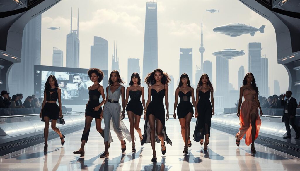 A futuristic fashion runway set against a sleek, modern cityscape. In the foreground, a diverse group of youthful, Japanese-inspired models stride with confidence, their hair ebony and features striking. Dramatic lighting casts dramatic shadows, highlighting the sculptural silhouettes of their clothing. In the middle ground, a holographic display projects runway shows and trend forecasts, while in the background, towering skyscrapers and hovercraft hint at the technological advancements transforming the industry. An atmosphere of innovation, dynamism, and the dawning of a new era for the world of modeling.