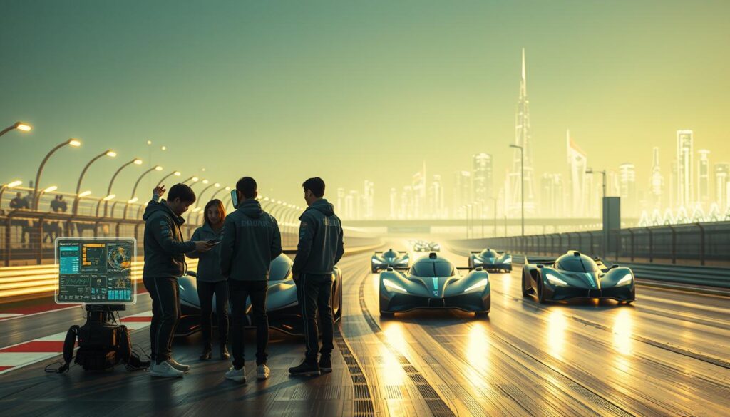 A futuristic racetrack with sleek, aerodynamic vehicles zooming past. The track is bathed in a soft, warm glow, creating an atmospheric and immersive scene. In the foreground, a group of young, Japanese-looking race engineers huddled around a holographic display, analyzing data and making adjustments to their cars. In the middle ground, the vehicles themselves, with their advanced, streamlined designs and cutting-edge technologies. In the background, a panoramic view of a gleaming, high-tech city skyline, representing the future of motorsports innovation. The entire scene is imbued with a sense of excitement, possibility, and the boundless potential of the sport.