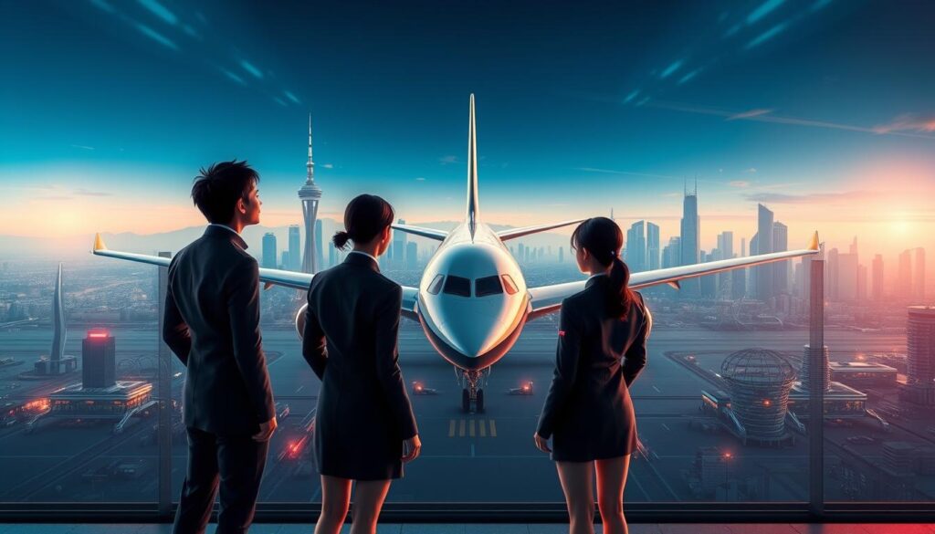 A futuristic scene depicting the advancements in the aviation industry. In the foreground, three young Japanese-looking individuals stand confidently, clad in sleek, modern uniforms, gazing towards the horizon. The middle ground features a state-of-the-art commercial aircraft, its sleek design and advanced technology hinting at the industry's evolution. In the background, a sprawling metropolitan skyline with skyscrapers and futuristic architectural elements, symbolizing the growth and innovation that the aviation sector is poised to experience. The lighting is crisp, with a mixture of natural and artificial illumination, creating a sense of dynamic energy and progress. The overall atmosphere conveys a sense of optimism, promise, and the boundless potential of the aviation industry's future.