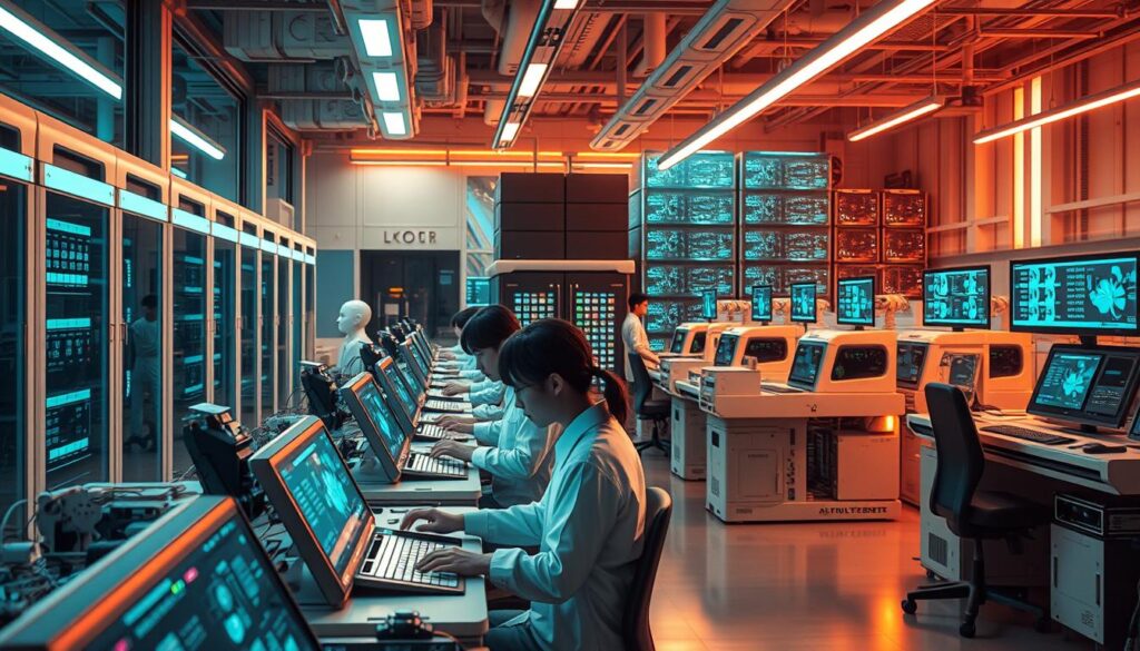 A futuristic scene of a cutting-edge photo development lab, bathed in a warm, futuristic glow. In the foreground, a team of young, technologically-savvy Japanese photo technicians work intently at their stations, manipulating advanced holographic interfaces and advanced digital imaging equipment. In the middle ground, sleek, robotic processing machines process high-resolution digital negatives, while the background is filled with towering shelves of storage servers and a vast array of cutting-edge imaging hardware. The overall atmosphere conveys a sense of innovation, efficiency, and the ever-evolving nature of the photographic profession.