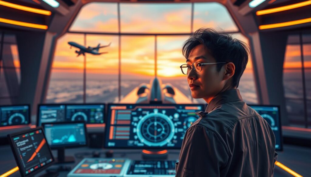 A futuristic scene of the aviation industry with a focused Japanese-looking dispatcher at the center. The dispatcher stands before a massive holographic display, surrounded by a dynamic control room. Ambient lighting casts a warm glow, complementing the sleek, minimalist design. In the background, a vast panoramic window offers a glimpse of sleek aircraft taking flight against a vibrant, sunset-hued sky. The dispatcher's expression conveys a sense of calm control and decisive action, reflecting the critical role they play in the industry's future.