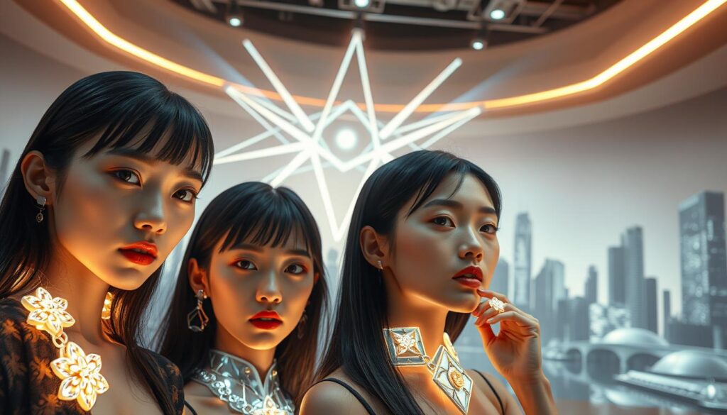 A futuristic scene showcasing the evolution of jewelry design. In the foreground, three young Japanese models with sleek black hair showcase intricate, avant-garde pieces that appear to be made of glowing, holographic materials. Their expressions are serene and confident, highlighting the cutting-edge nature of the designs. In the middle ground, a dynamic arrangement of geometric shapes and light beams creates a sense of depth and technological innovation. The background features a minimalist, metallic cityscape, hinting at the integration of jewelry with urban architecture and smart technology. Warm lighting from above casts a dreamlike glow over the entire scene, evoking a sense of wonder and possibility for the future of the jewelry industry.