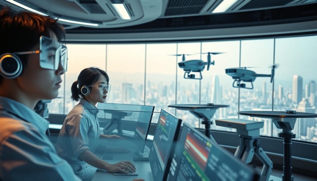 A futuristic security guard control room with advanced surveillance technology. In the foreground, young Japanese-looking operators monitor multiple holographic displays, their faces reflected in the sleek, minimalist interfaces. The middle ground features cutting-edge security robots and drones, their metallic frames and glowing lights evoking a sense of innovation. The background showcases a panoramic view of a bustling city skyline, hinting at the integrated security solutions that shape the future of the industry. Soft, ambient lighting creates a serene yet highly capable atmosphere, reflecting the evolution of the security guard profession.