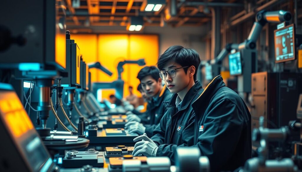 A futuristic workshop filled with young Japanese technicians, their faces illuminated by the glow of advanced milling machines. Precision tools and gleaming metalwork in the foreground, while the background showcases innovative robotic arms and augmented reality displays. Warm lighting casts a contemplative mood, hinting at the seamless integration of human skill and technological progress. The scene radiates a sense of optimism and possibility, capturing the evolving role of the modern machinist in an era of rapid industrial transformation.