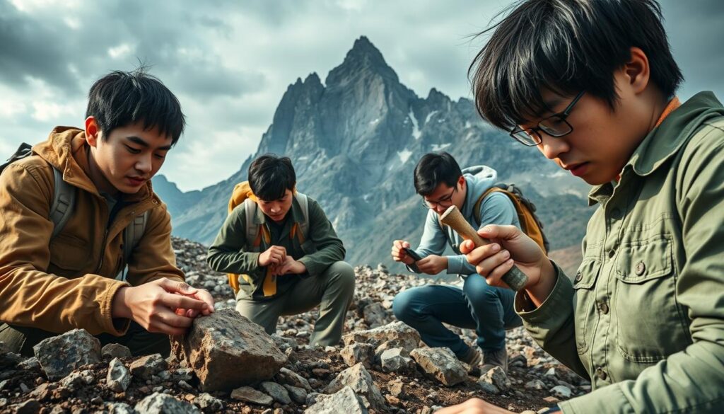 A geological survey team conducting field work in a rugged, mountainous landscape. In the foreground, two young Japanese researchers examine rock samples, their expressions focused and intent. In the middle ground, a third team member uses a geological hammer to collect samples, their movements captured in a dynamic, candid pose. In the background, the towering peaks of the mountain range loom, their jagged silhouettes framed by a dramatic, moody sky. Warm, natural lighting illuminates the scene, casting long shadows and highlighting the textures of the rocks and soil. The overall atmosphere conveys the serious, hands-on nature of the geological investigation.