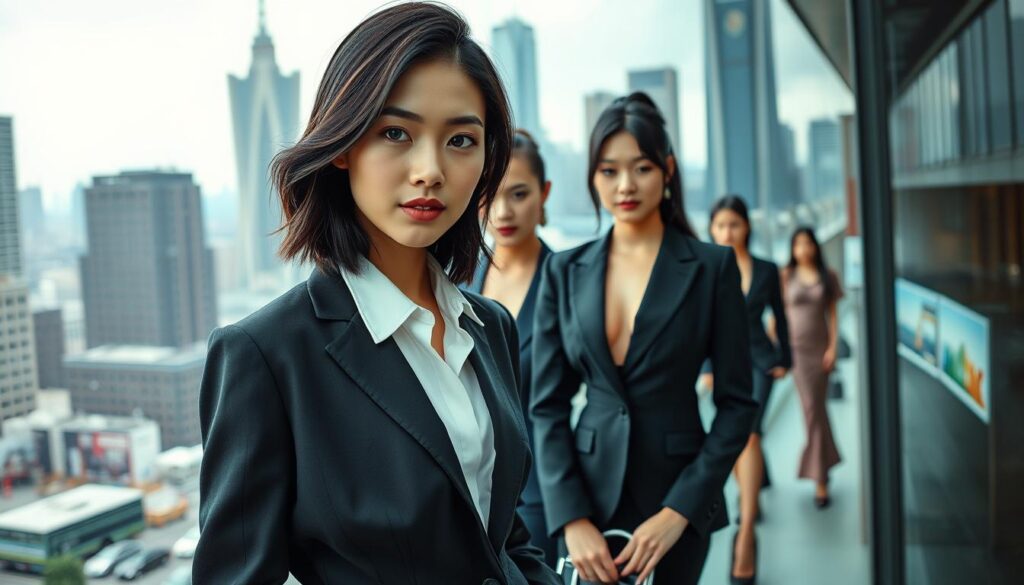 A glamorous fashion model's daily schedule, captured in vivid detail. In the foreground, a young, raven-haired Japanese woman gracefully poses, her sharp features and piercing gaze radiating confidence. Midground, she transitions through a series of meticulously coordinated outfits - from a sleek business suit to haute couture gowns, each look accentuating her striking features. The background depicts a bustling urban landscape, reflecting the fast-paced nature of the modeling industry, with towering skyscrapers and a vibrant street scene. Soft, diffused lighting imbues the scene with a sense of glamour and professionalism, while the seamless flow of activities conveys the rigorous schedule of a fashion model's life.