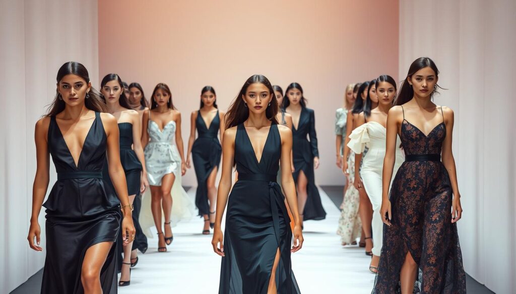 A glamorous fashion runway filled with elegant models showcasing the diverse styles and personalities of the industry. The scene captures the essence of high-fashion, with a mix of sleek, modern silhouettes and classic, timeless looks. The models, all young and with distinct Japanese-inspired features, exude confidence and poise as they strut the catwalk under soft, warm lighting that accentuates their flawless complexions. The background is minimalist, allowing the models to be the true stars of the show, their movements and expressions conveying the passion and artistry of the fashion world.