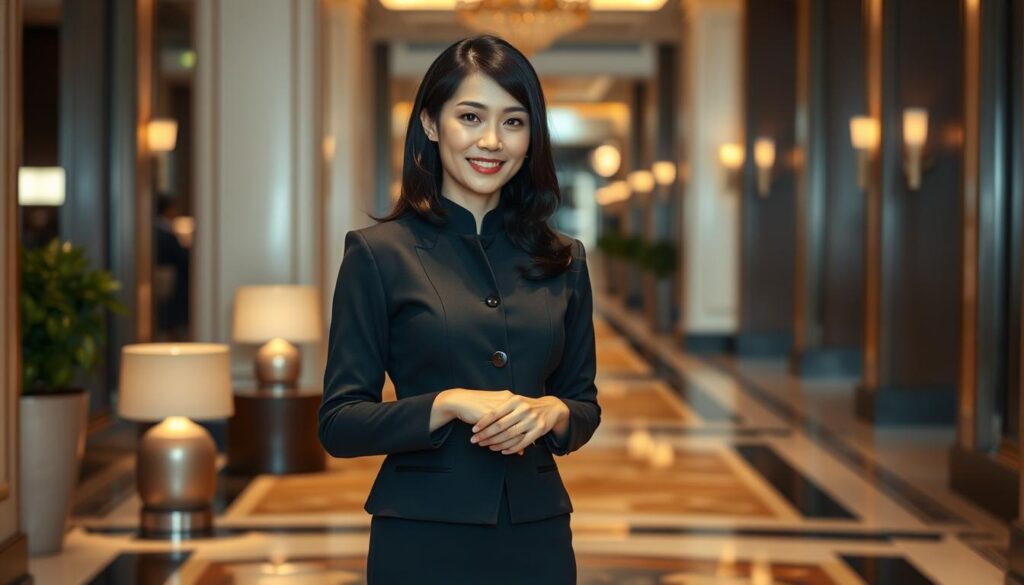 A glamorously dressed Japanese woman, with a warm and professional demeanor, stands in an elegant hotel lobby. Tasteful lighting accentuates her immaculate appearance - the crisp lines of her tailored uniform, the shine of her polished shoes, and the subtle highlights in her neatly coiffed black hair. Her posture is upright, exuding confidence and poise. With a welcoming smile, she represents the epitome of grand hospitality, embodying the skills and qualifications required of a accomplished grand hostess.