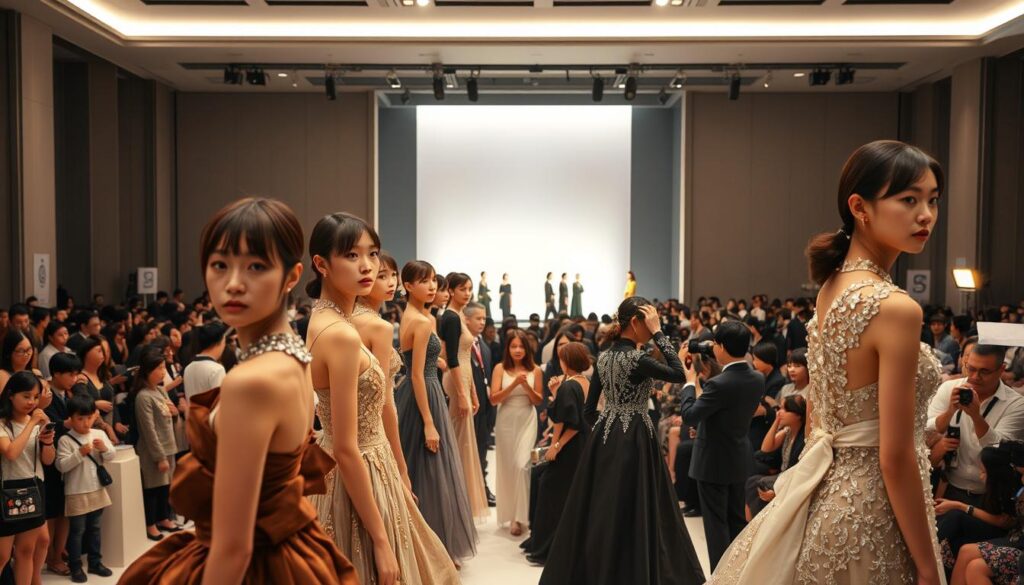 A grand fashion showcase in a sleek exhibition hall, bathed in warm, theatrical lighting. In the foreground, young Japanese models with striking dark features gracefully parade the latest couture designs - shimmering fabrics, bold silhouettes, and intricate embellishments. The middle ground captures the bustling energy of the event, with attentive onlookers and behind-the-scenes staff making final adjustments. In the background, a minimalist stage and elegant decor set the scene, exuding an air of sophistication and artistic vision. The overall atmosphere is one of creative expression, high fashion, and the meticulous planning required to bring a designer's collection to life.