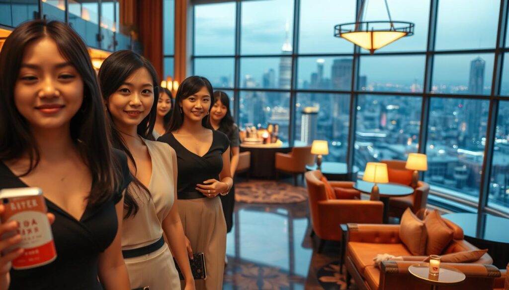 A grand hostess lounge with a sophisticated ambiance, bathed in warm, inviting lighting. In the foreground, a group of young, professional-looking Japanese women, their dark hair and delicate features exuding a refined elegance, guide guests through the establishment. The middle ground showcases the lounge's luxurious furnishings - plush sofas, ornate tables, and a well-stocked bar, all carefully arranged to create a welcoming atmosphere. In the background, a panoramic view of the city skyline can be seen through large windows, adding a sense of grandeur and urban sophistication to the scene.