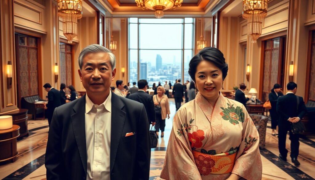 A grand hotel lobby, the foreground dominated by two well-dressed concierges - one in a crisp white shirt and black suit, the other in a traditional kimono. Their expressions convey a distinct cultural contrast, one formal and efficient, the other gracious and attentive. In the middle ground, guests move through the ornate space, some engaged with the concierges, others admiring the lavish decor. The background reveals a sweeping vista through floor-to-ceiling windows, showcasing a bustling city skyline beyond. Soft, warm lighting accentuates the disparate yet harmonious atmosphere, hinting at the nuanced differences between Japanese and international concierge cultures.