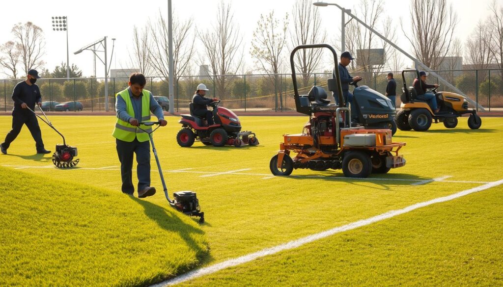 A ground maintenance crew diligently operating a diverse array of specialized equipment, meticulously grooming a pristine sports field. In the foreground, a worker deftly handles a high-powered edger, trimming the turf with precision. In the middle ground, another worker deftly operates a heavy-duty aerator, rhythmically perforating the soil to promote healthy grass growth. In the background, a team of young, focused Japanese-looking individuals utilizes a range of sophisticated machinery, including a riding mower and a line-marking machine, creating sharply defined playing lines. The scene is bathed in warm, natural lighting, capturing the dedication and expertise of the ground maintenance professionals as they ensure the field is in optimal condition. The overall atmosphere conveys a sense of order, efficiency, and pride in their work.