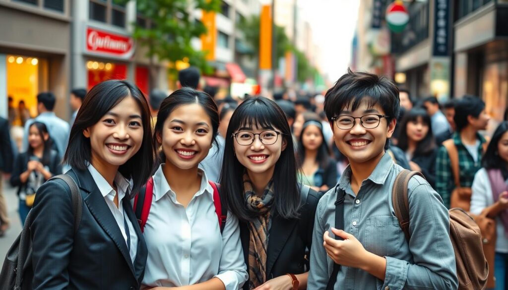 A group of cheerful, energetic tour guides standing in a bustling urban setting, showcasing their infectious enthusiasm and charismatic demeanor. The foreground features three young Japanese-looking models with warm, inviting expressions, dressed in smart, professional attire that exudes confidence and authority. The middle ground captures the dynamic interplay between the guides and a diverse group of tourists, emphasizing the guides' ability to engage and captivate their audience. The background is filled with the vibrant sights and sounds of a lively city street, creating a sense of immersion and excitement. Soft, natural lighting illuminates the scene, highlighting the guides' expressive faces and the genuine connections they foster with their guests. The overall atmosphere conveys the allure and fulfillment of the tour conductor profession, inspiring a desire to experience their exceptional service.
