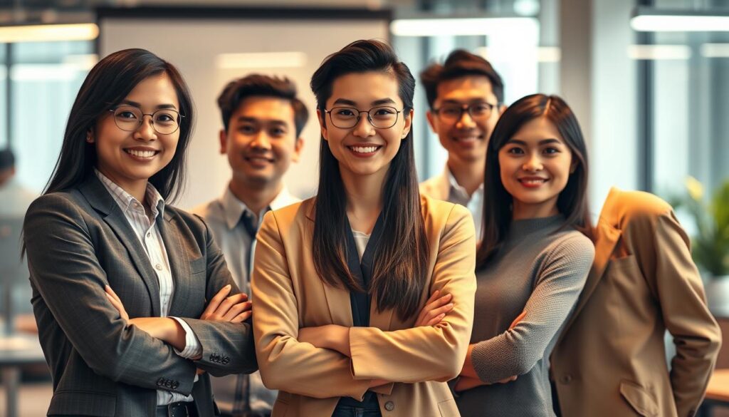 A group of confident, young Japanese-looking individuals gathered in a professional setting, demonstrating effective leadership skills. Warm lighting illuminates their faces, conveying a sense of authority and competence. They stand in a well-organized formation, their body language suggesting clear communication and decisive decision-making. The background is a blurred, modern office environment, emphasizing the professional context. Realistic photographic style, high resolution, detailed facial features.