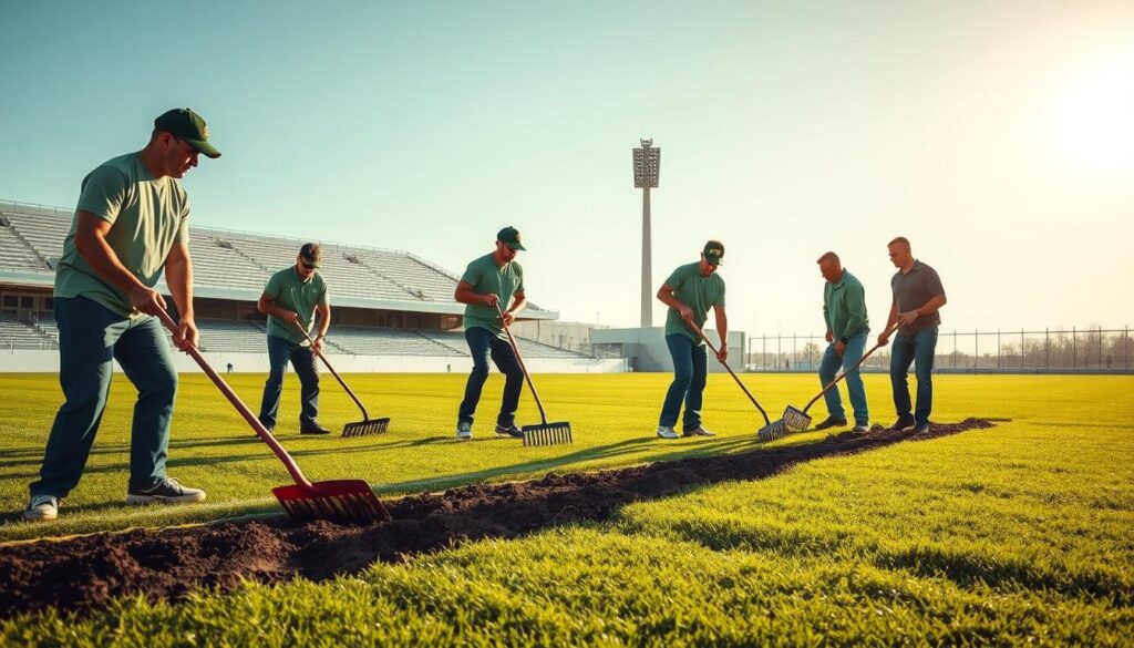 A group of dedicated groundskeepers tending to a meticulously manicured sports field, their hands expertly wielding rakes and shovels to level the soil and groom the lush green turf. The sun casts a warm, natural glow across the scene, illuminating their focused expressions as they work in seamless coordination. In the background, a modern sports facility stands tall, its clean, minimalist architecture serving as a backdrop to the hands-on labor of these skilled professionals. The overall atmosphere conveys a sense of pride, dedication, and the essential role groundskeepers play in maintaining high-quality playing surfaces for athletes and enthusiasts alike.