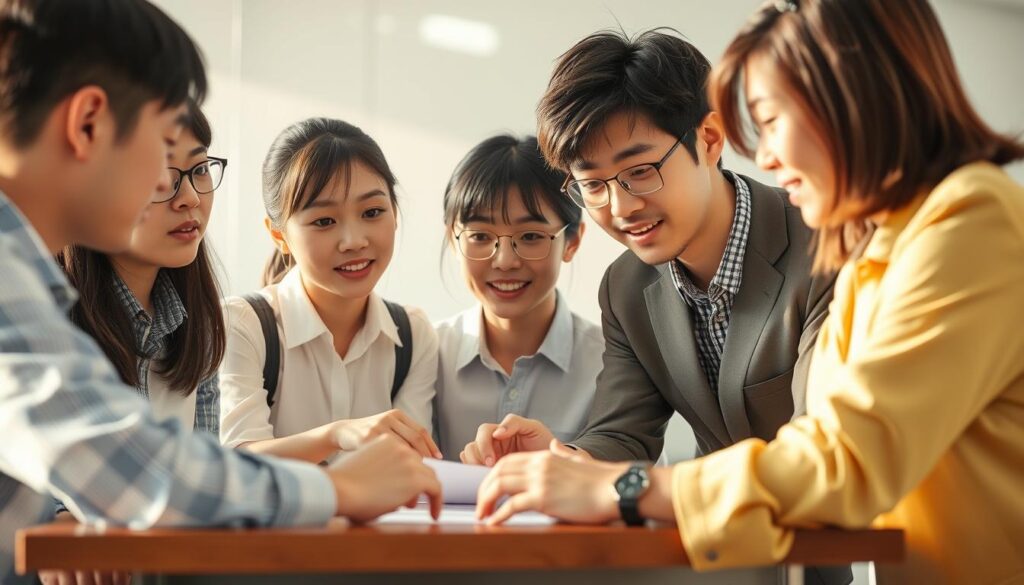 A group of five young, Japanese-looking individuals gathered around a table, engrossed in a lively discussion. The scene is captured in a realistic photographic style, with natural lighting casting warm hues across the faces and surroundings. The individuals wear professional attire, suggesting a business or corporate setting. The focus is on their expressions and body language, conveying a sense of collaboration and analysis as they review data or documents on the table. The background is slightly blurred, keeping the attention on the central figures and their interactive discussion about "ファシリテーター年収分析".