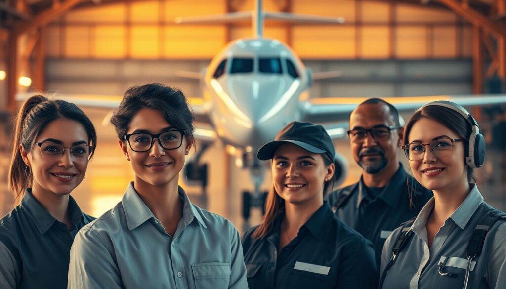 A group of professional aviation workers standing in a hangar, their faces reflecting the diverse career paths and earning potential within the industry. Warm lighting casts a glow, highlighting their smart uniforms and attentive expressions. In the background, a sleek commercial aircraft stands ready for takeoff, symbolizing the high-tech and dynamic nature of their roles. The scene conveys the prestige, skill, and opportunity available to those pursuing careers in aviation.