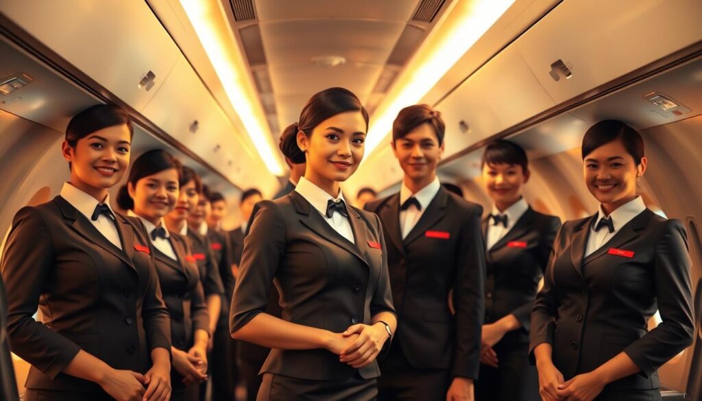 A group of professional cabin crew members dressed in formal airline uniforms, standing in a well-lit aircraft cabin. The lighting is warm and inviting, with a soft glow that highlights their attentive expressions and precise movements as they demonstrate their duties. The scene captures the elegance, efficiency, and dedication required for this career, showcasing the high-quality service and attention to detail that passengers can expect. The cabin's interior is sleek and modern, with clean lines and subtle details that convey a sense of luxury and sophistication. The overall atmosphere is one of professionalism, hospitality, and the rewarding nature of this rewarding occupation.
