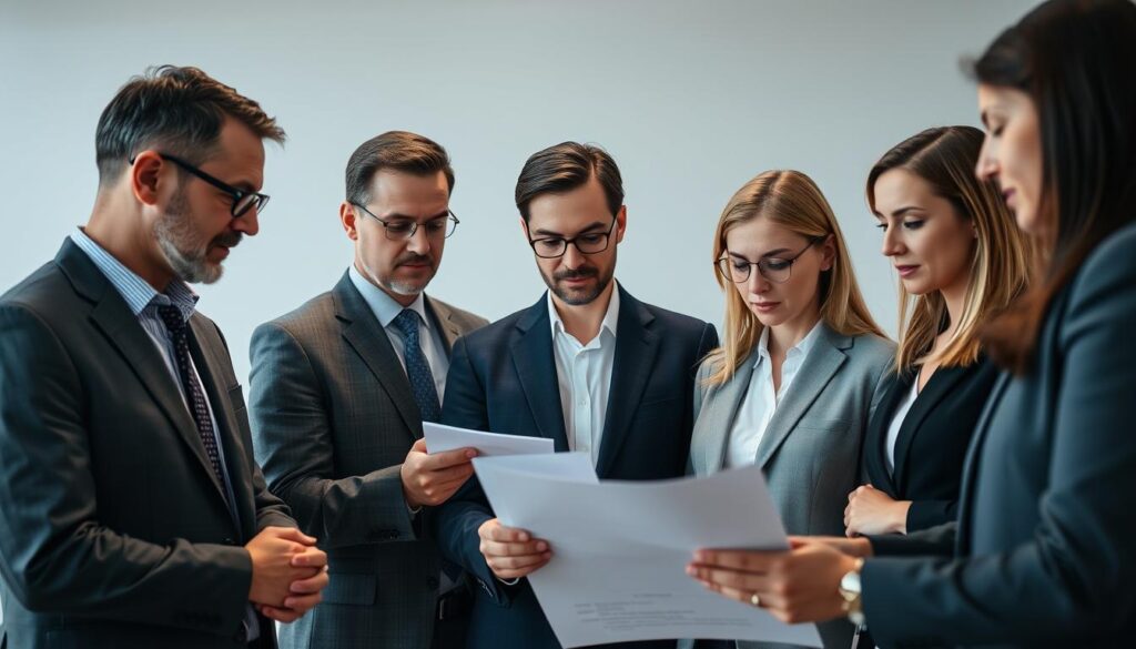A group of professional compensation consultants standing in a well-lit office, their faces etched with focused expressions as they review documents and discuss complex regulatory frameworks. The scene is captured with a high-resolution camera, using a shallow depth of field to draw the viewer's attention to the individuals' deep concentration and expertise. The consultants are dressed in formal attire, conveying an air of authority and professionalism. The background is clean and minimalist, allowing the subject matter to take center stage.