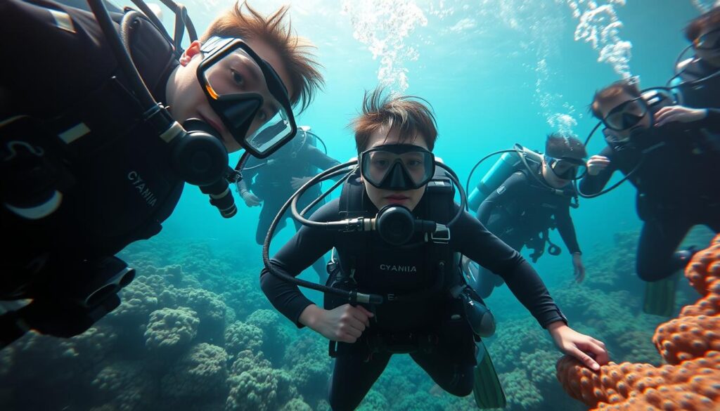 A group of professional deep-sea divers in full scuba gear, exploring a vibrant underwater coral reef teeming with marine life. The divers are maneuvering gracefully, their movements captured with a wide-angle lens that emphasizes the scale and grandeur of the scene. Shafts of sunlight pierce the azure waters, illuminating the divers' faces with a warm, natural glow. The mood is one of wonder and discovery, reflecting the challenges and rewards of this specialized career. The divers are young Japanese men with realistic, detailed features, immersed in their work beneath the waves.