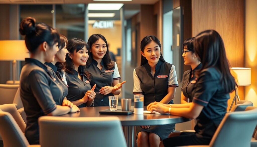 A group of professional flight attendants gathered around a table, discussing the benefits and perks of their job. The scene is set in a cozy, well-lit office environment, with warm lighting and clean, modern furnishings. The attendants, all young, attractive Japanese-looking individuals, are engaged in an animated conversation, their body language conveying a sense of camaraderie and job satisfaction. The focus is on the group interaction, capturing the essence of the flight attendant's work culture and the generous employee benefits that contribute to their overall job satisfaction.