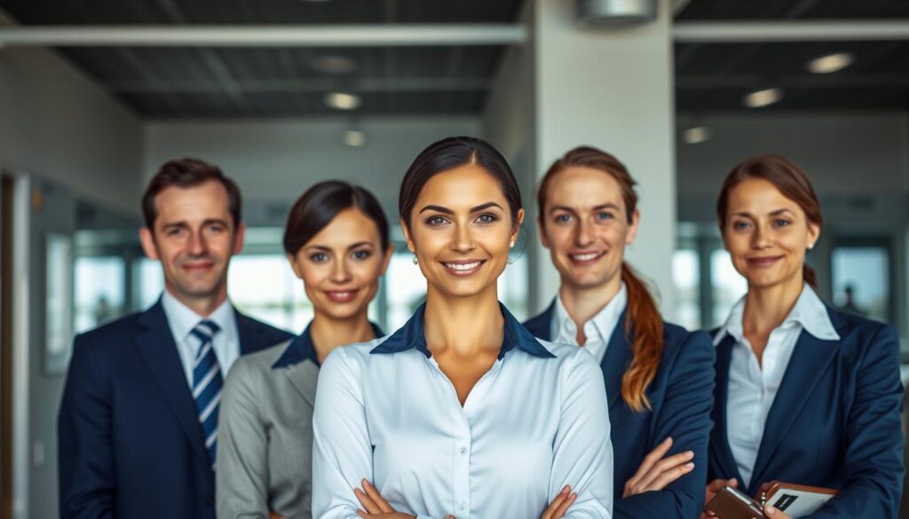 A group of professional-looking travel attendants, dressed in formal attire, standing in a formal office setting with a minimalist modern interior design. The attendants have a mix of serious and friendly expressions, conveying the balance of professionalism and customer service in their roles. The lighting is soft and directional, creating a sense of clarity and focus. The composition places the attendants in the foreground, with a blurred background hinting at the administrative tasks and processes involved in their work. The overall mood is one of efficiency, competence, and a commitment to providing a high-quality travel experience.