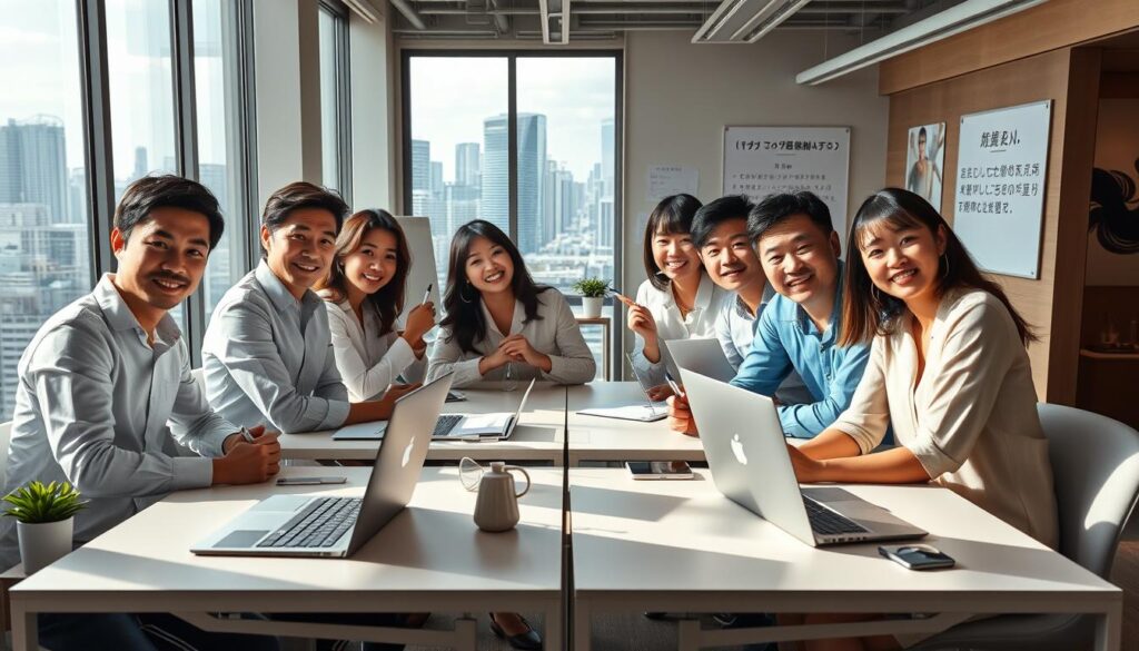 A group of renowned Japanese copywriters posing confidently in a modern office setting. Soft, natural lighting illuminates their focused expressions as they brainstorm ideas, pens in hand. The foreground features their sleek, minimalist desks adorned with a few personal touches. In the middle ground, floor-to-ceiling windows offer a view of a bustling city skyline, hinting at the dynamic, fast-paced nature of their profession. The background evokes a sense of creativity and collaboration, with whiteboards, inspirational quotes, and abstract artwork lining the walls. An atmosphere of professionalism, innovation, and passion permeates the scene.