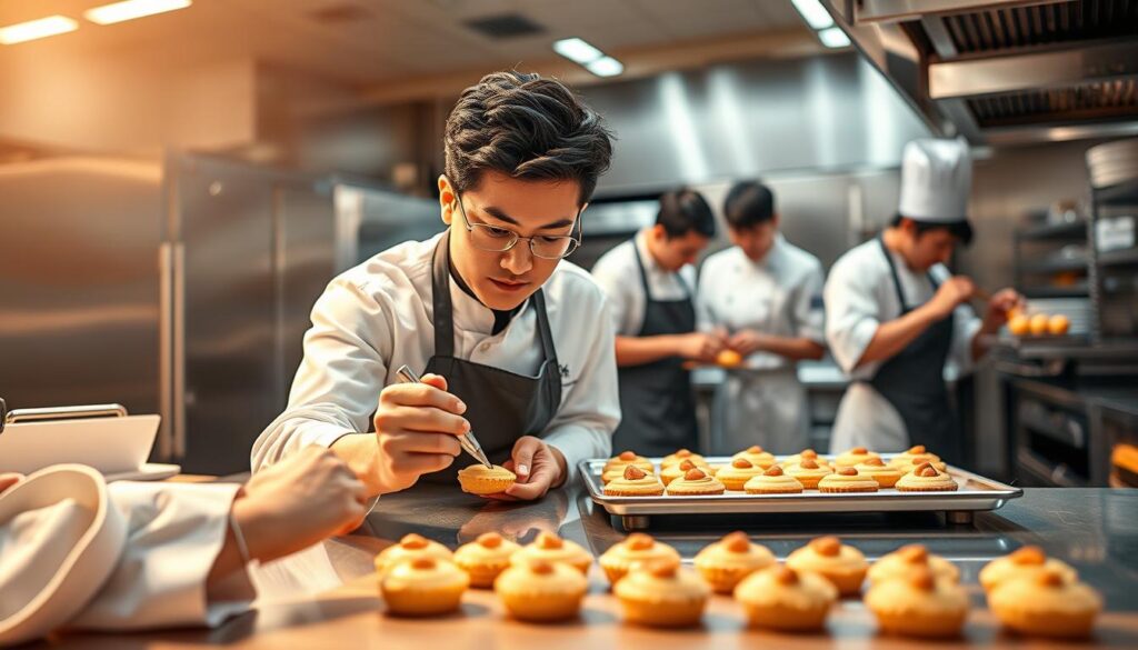 A group of talented Japanese-looking pâtissiers showcasing their artistry on the international stage. The foreground features a young chef meticulously piping intricate designs onto a delicate pastry, their focused expression and skilled movements capturing the essence of their craft. In the middle ground, a pair of chefs collaborate, one filling a tray of freshly baked confections while the other delicately arranges them. The background reveals a sleek, modern kitchen setting with stainless steel appliances and gleaming surfaces, conveying the high-end, professional environment in which these skilled pâtissiers thrive. Warm, natural lighting illuminates the scene, casting a sense of warmth and artistry. The overall atmosphere exudes a blend of precision, dedication, and the ability to create visually stunning, world-class pastries.