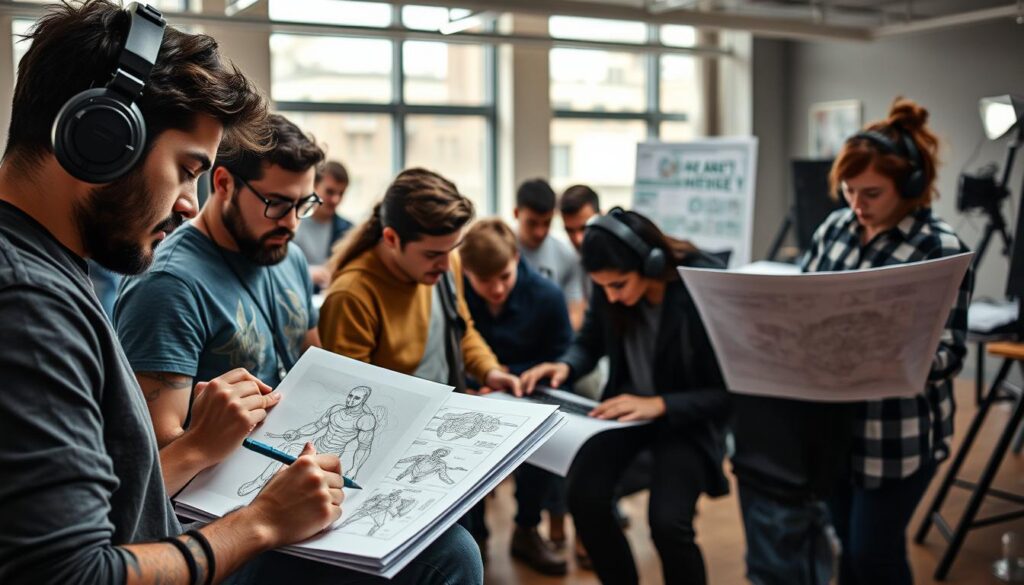 A group of talented game creators, each with their own unique role, gathered in a modern, well-lit studio. In the foreground, a character designer sketches concept art for a new game protagonist, their face focused and determined. In the middle ground, a programmer collaborates with a 3D modeler, their fingers flying across keyboards as they bring digital assets to life. In the background, a level designer pores over a blueprint, meticulously planning the layout of an immersive game world. The atmosphere is one of creative energy and camaraderie, as these passionate individuals work in harmony to craft an engaging and immersive gaming experience.