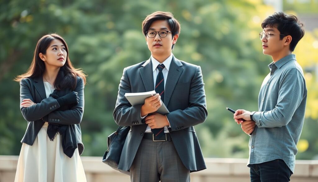 A group of three young Japanese individuals standing in a thoughtful pose, with a focused, contemplative expression. The middle figure, a columnist, stands in the center, dressed in a crisp, professional outfit, holding a pen and notepad, symbolizing their role in crafting concise, opinionated pieces. To the left, an essayist, adorned in a more casual, introspective attire, gazes off into the distance, representing their tendency for longer, more reflective writing. On the right, a writer, pen in hand, eyes filled with creative inspiration, embodies the broader scope of their craft. Soft, natural lighting illuminates the scene, lending a sense of introspection and intellectual discourse.