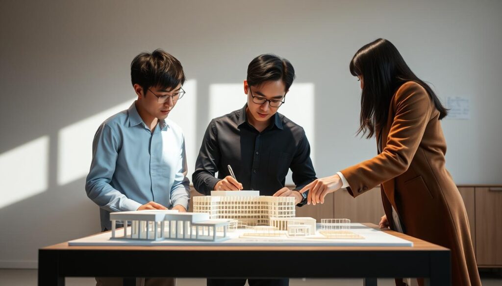 A group of three young Japanese-looking architects, focused and engaged, are gathered around a large architectural model on a modern, minimalist table. The lighting is soft and natural, casting subtle shadows that highlight the intricate details of the model. The architects are examining the design plans intently, discussing the technical aspects and creative solutions that make up their specialized knowledge and skills. The atmosphere is one of quiet concentration and professional expertise, conveying the depth of training and experience required to be a successful architect.