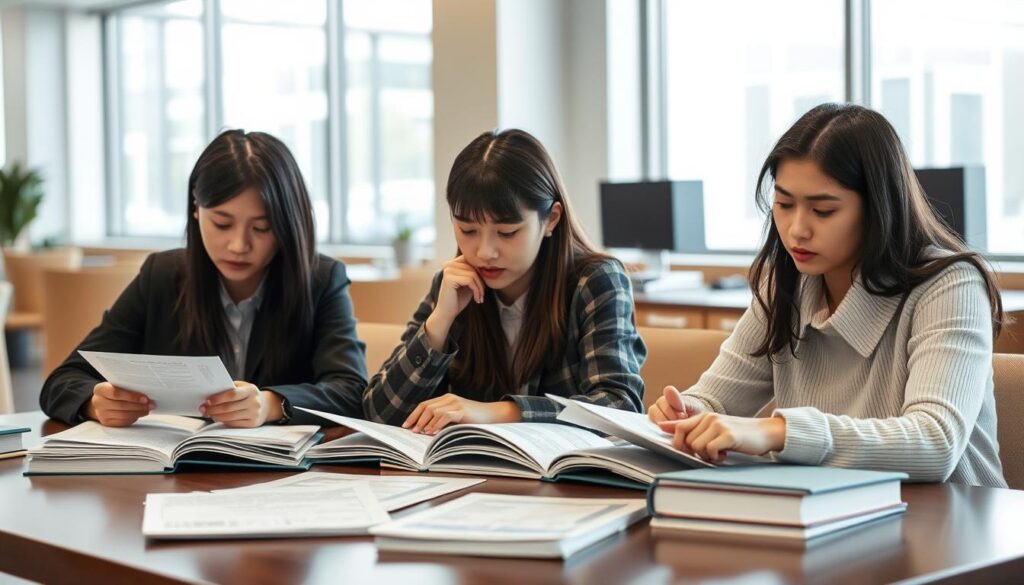 A group of three young, Japanese-looking individuals sitting at a table, intently studying various documents and books related to environmental design. The setting is a modern, well-lit office space, with minimalist decor and large windows providing natural illumination. The figures are posed in contemplative, focused expressions, suggesting the serious pursuit of professional certification in their field. The overall mood conveys a sense of dedication and determination to acquire the necessary qualifications to advance their environmental design careers.
